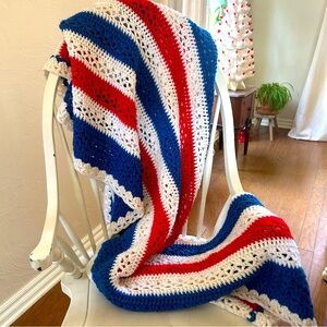 EUC handmade crocheted blanket afghan in red, white and blue. 41x77 inches.
